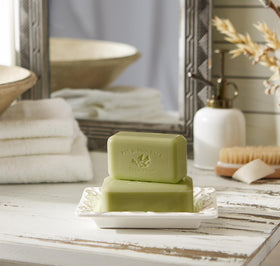 Pre de Provence Green Tea Soap in a bathroom setting