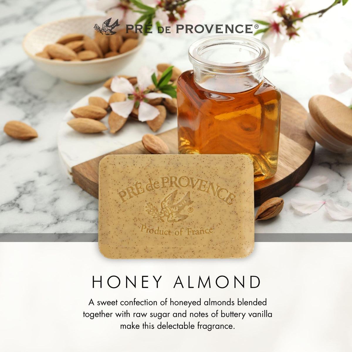 Pre de Provence Honey Almond Soap bar beside a sink