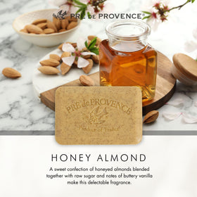 Pre de Provence Honey Almond Soap bar beside a sink