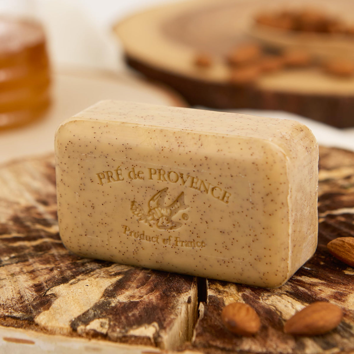 Pre de Provence Honey Almond Soap bar on a dish