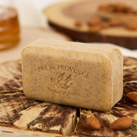 Pre de Provence Honey Almond Soap bar on a dish