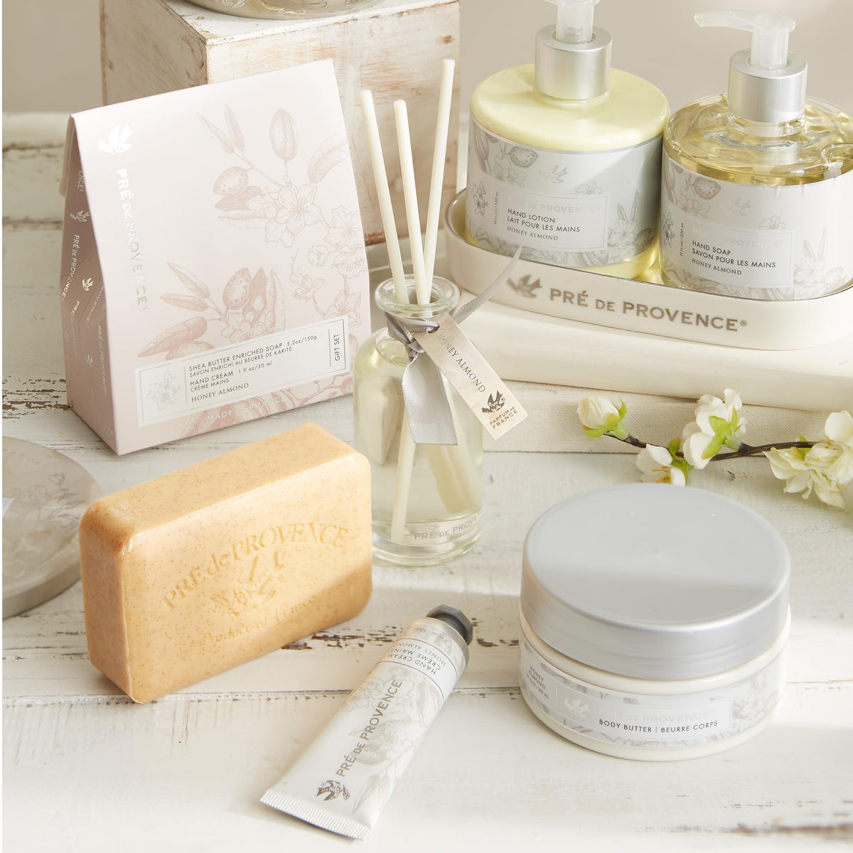 Pre de Provence Honey Almond Soap Bar on a sink