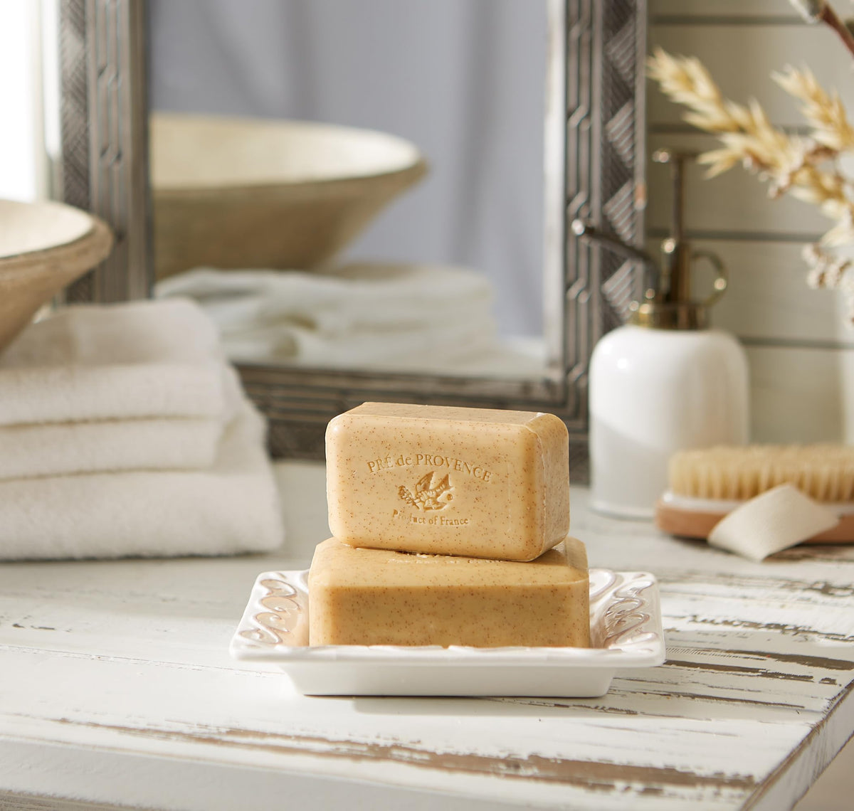 Pre de Provence Honey Almond Soap in a bathroom setting