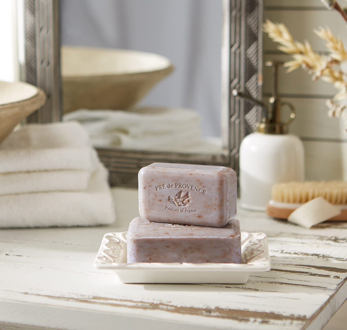 Pre de Provence Lavender Soap Bar beside a sink
