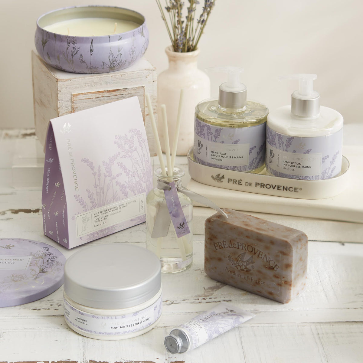 Pre de Provence Lavender Soap Bar on a soap dish