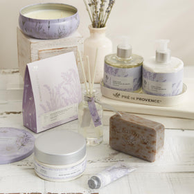 Pre de Provence Lavender Soap Bar on a soap dish