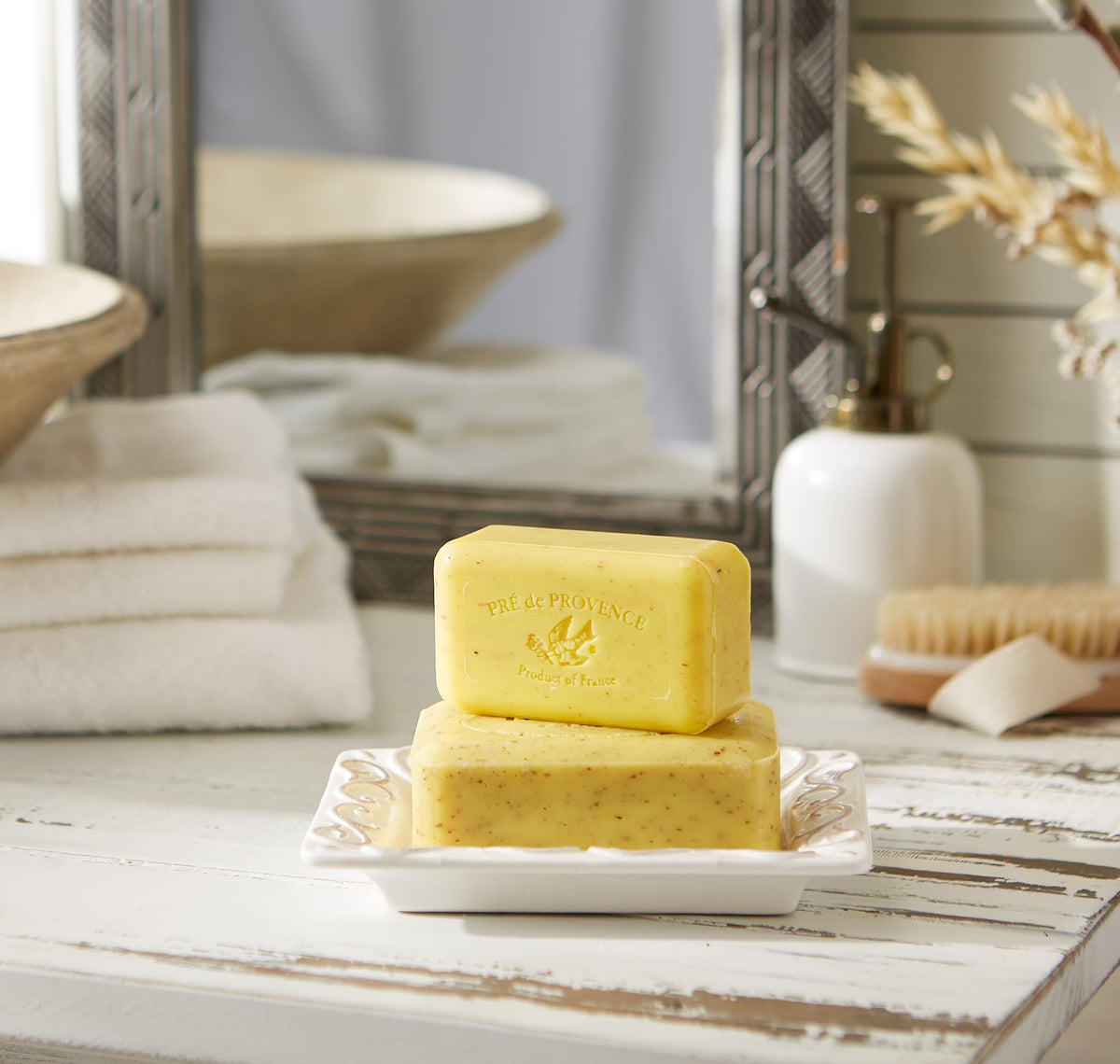 Pre de Provence Lemongrass Soap Bar in a bathroom setting