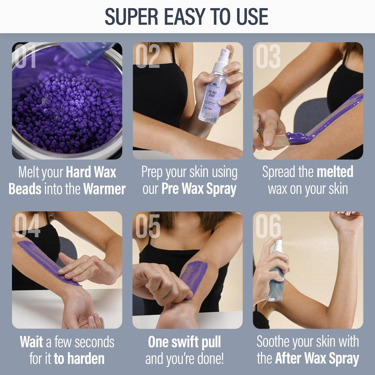 Pre-wax and after-wax sprays included in the kit