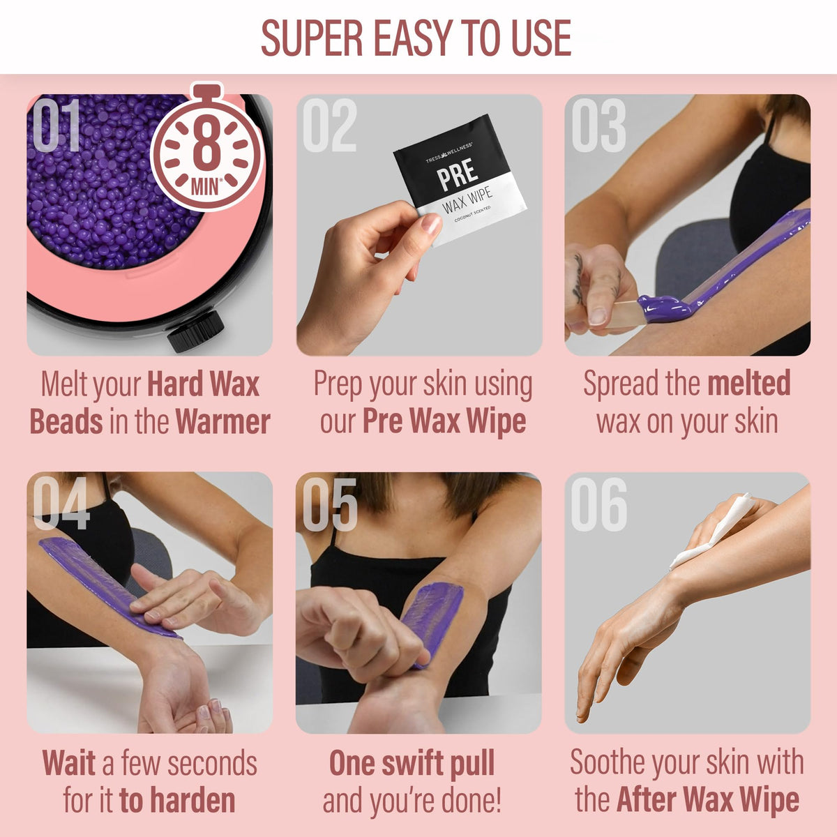 Pre-wax and after-wax wipes from Tress Wellness