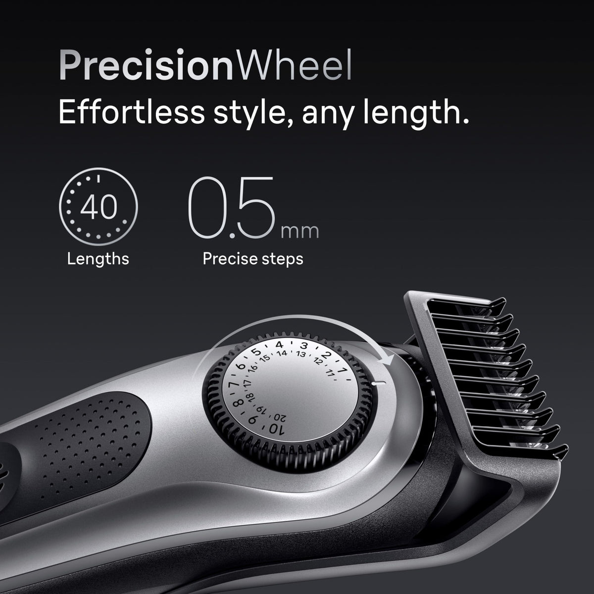 Precision beard comb from Braun shaving kit showing length settings