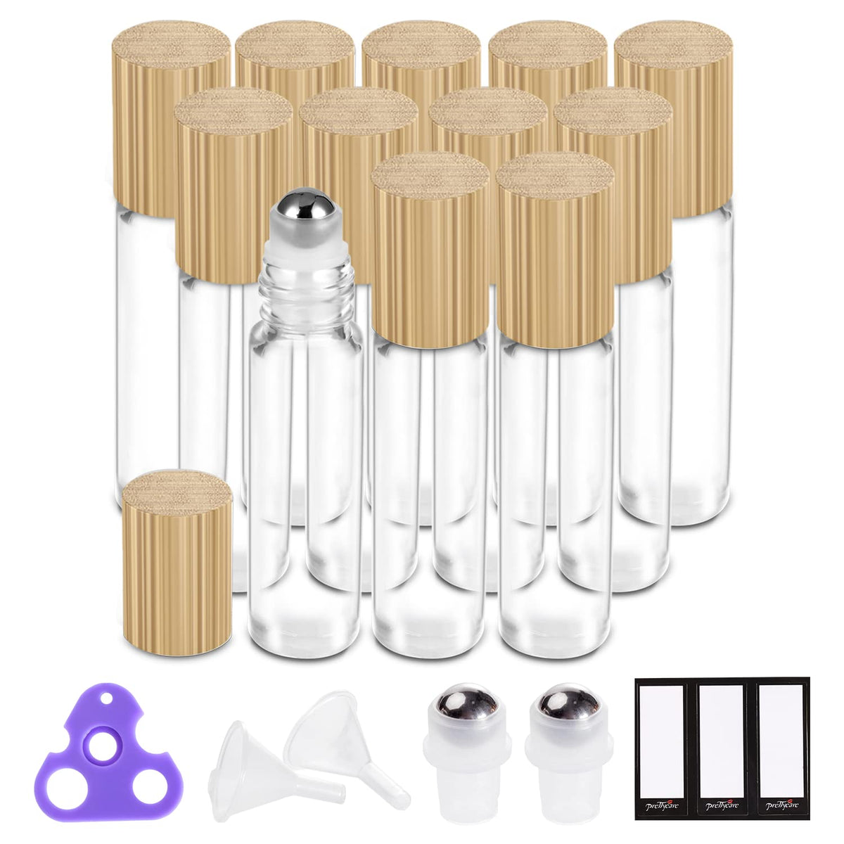 PrettyCare 10ml essential oil roller bottle with bamboo lid front view