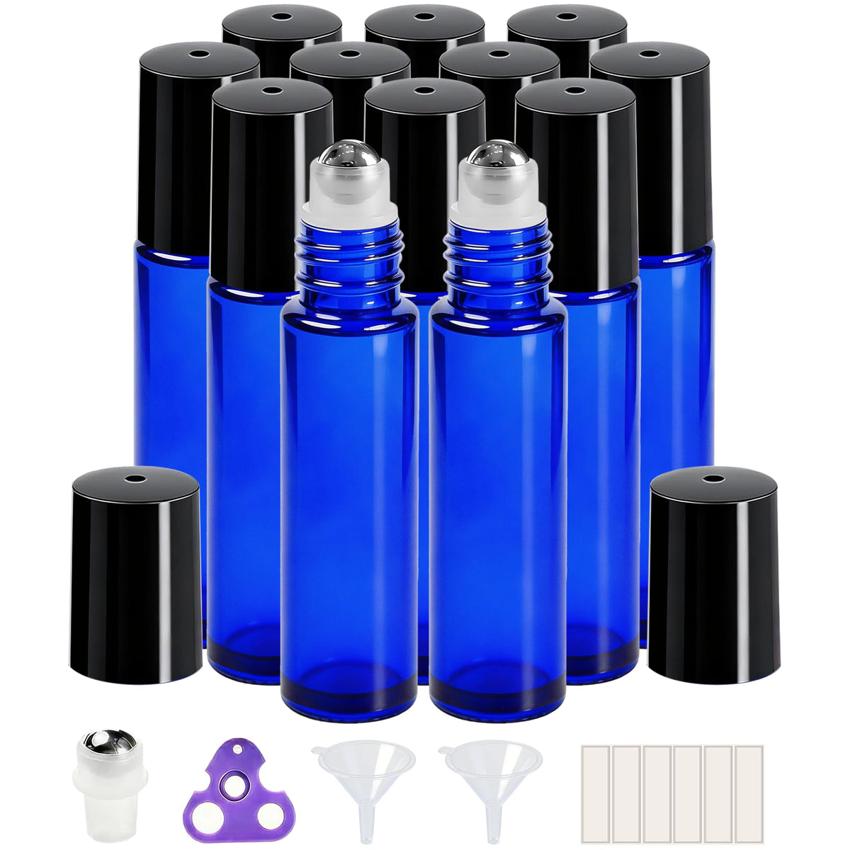 PrettyCare 10ml roller bottles pack of 12 with black caps