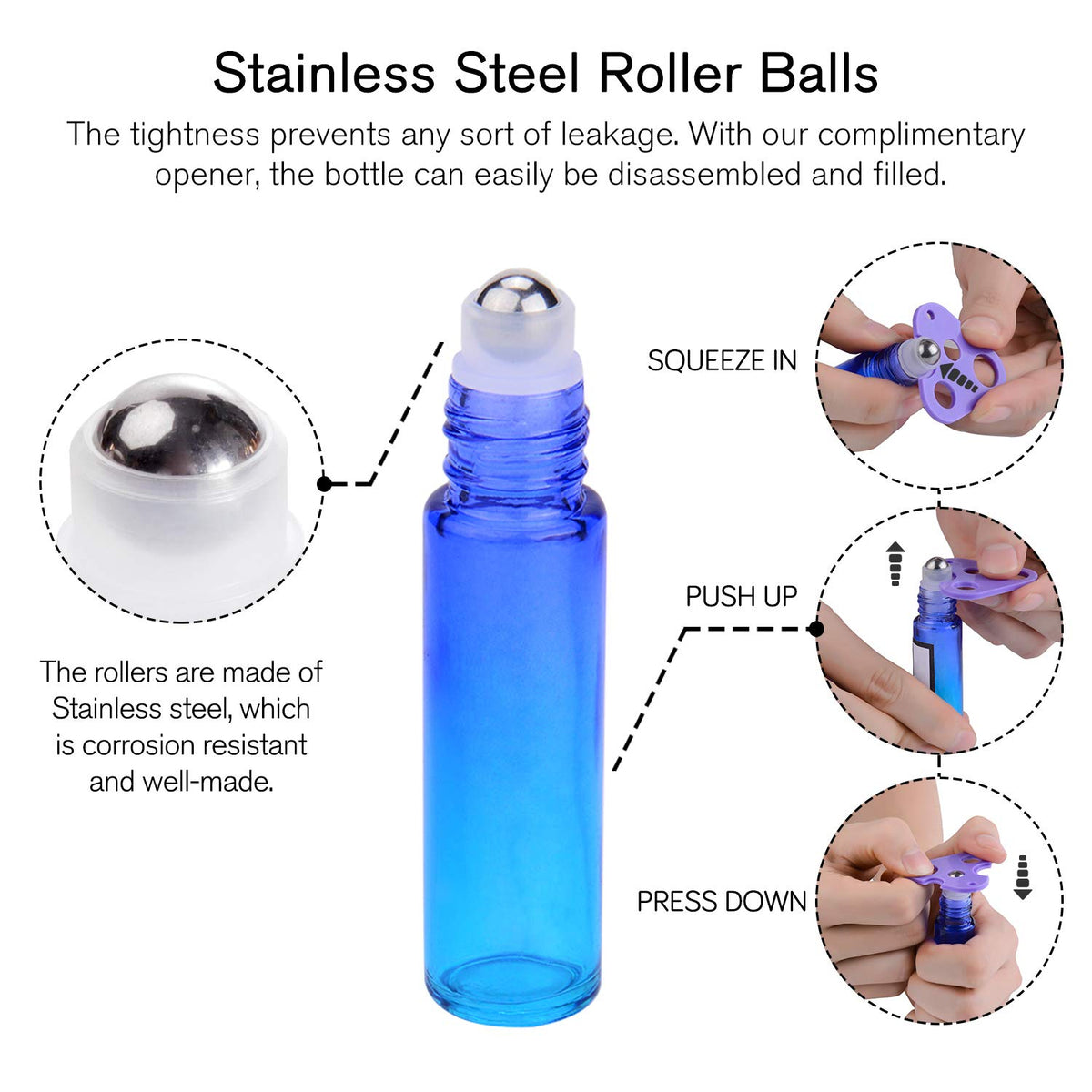 PrettyCare 10ml roller bottles with metal caps and funnels