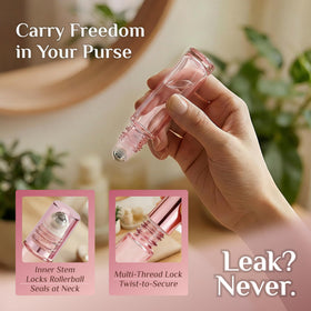 PrettyCare 10ml roller bottles with pink caps on a white background