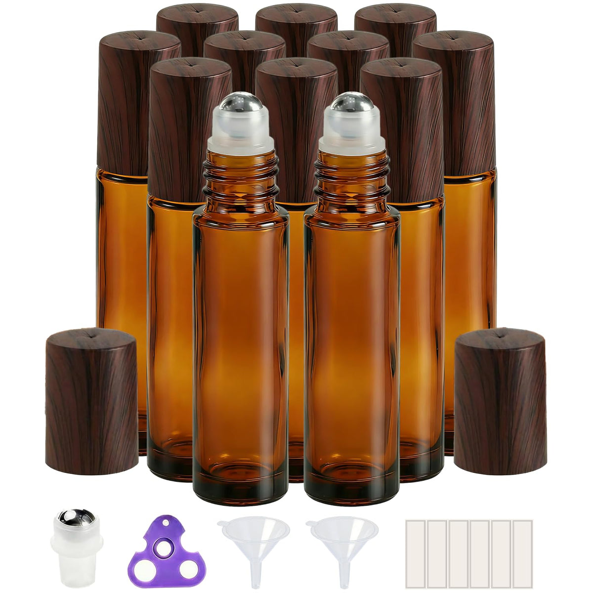 PrettyCare 12 Pack 10ml Essential Oil Roller Bottles with wooden caps