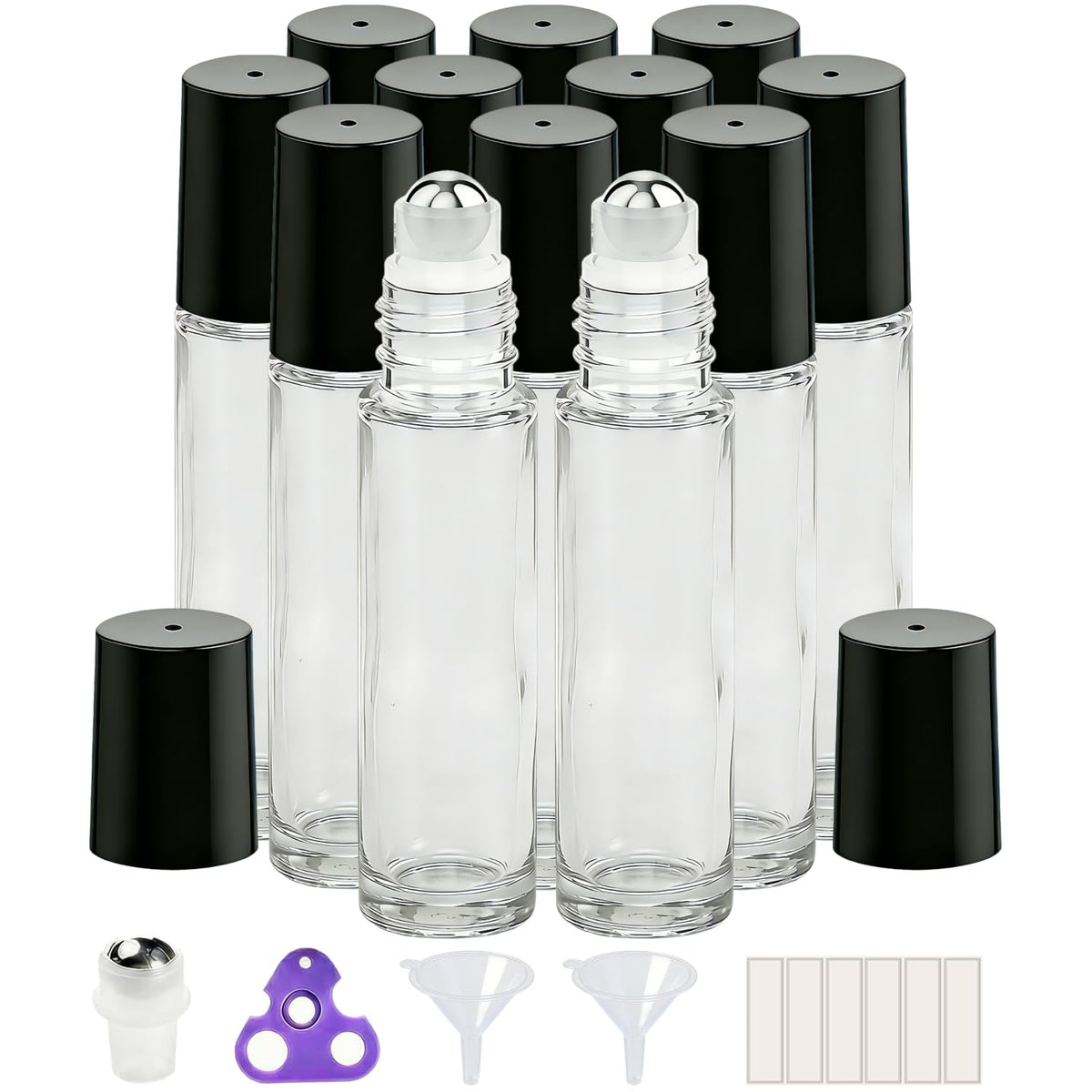 PrettyCare 12 pack of 10ml essential oil roller bottles front view