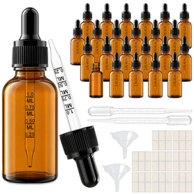 PrettyCare 24 Pack amber dropper bottles front view with black caps