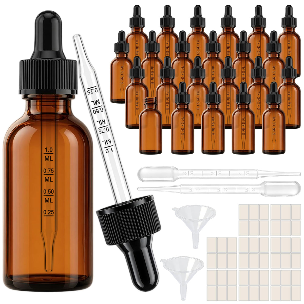 PrettyCare 24 Pack Amber Glass Dropper Bottles front view
