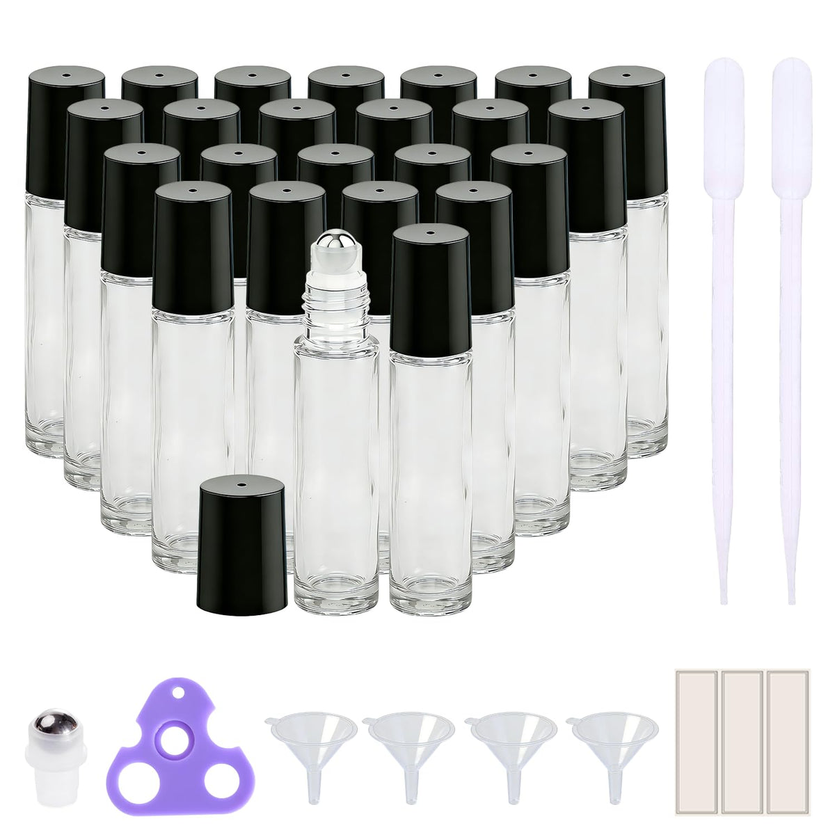 PrettyCare 24 Pack Essential Oil Roller Bottles clear glass front view