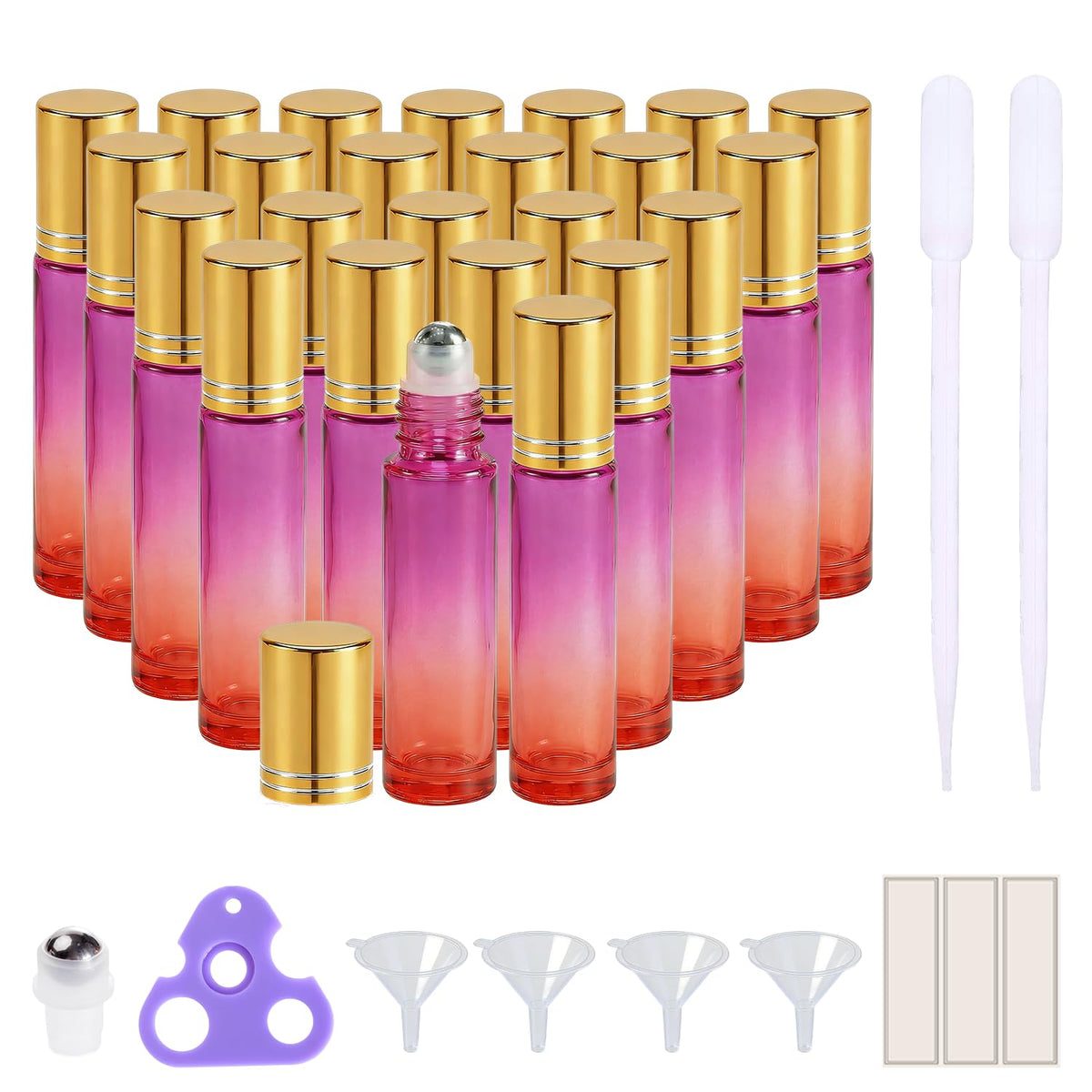 PrettyCare 24 Pack Essential Oil Roller Bottles in assorted colours