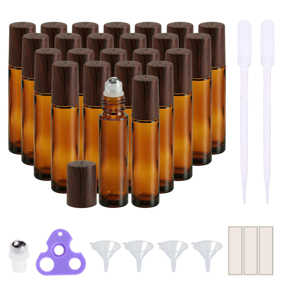 PrettyCare 24 pack of 10ml amber glass essential oil roller bottles