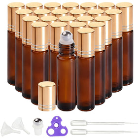 PrettyCare 24 pack of amber glass roller bottles with accessories