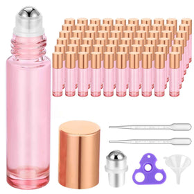PrettyCare 60 pack essential oil roller bottles in pink glass