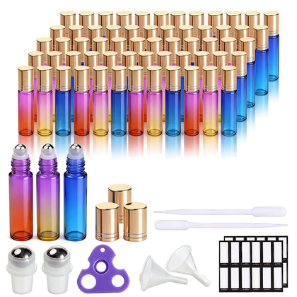 PrettyCare 60 Pack Essential Oil Roller Bottles in rainbow colours
