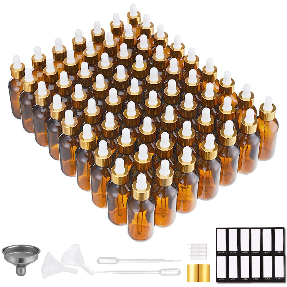 PrettyCare 63 Pack Amber Eye Glass Dropper Bottles front view