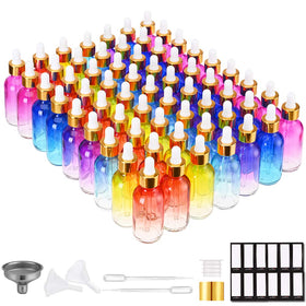 PrettyCare 63 Pack Glass Eye Dropper Bottles front view with golden caps