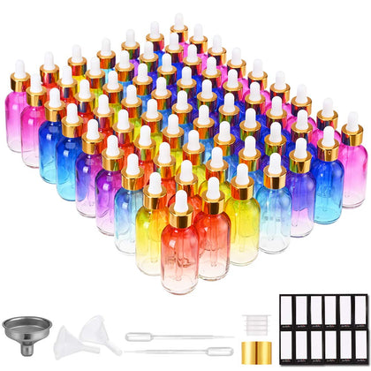 PrettyCare 63 Pack Glass Eye Dropper Bottles front view with golden caps