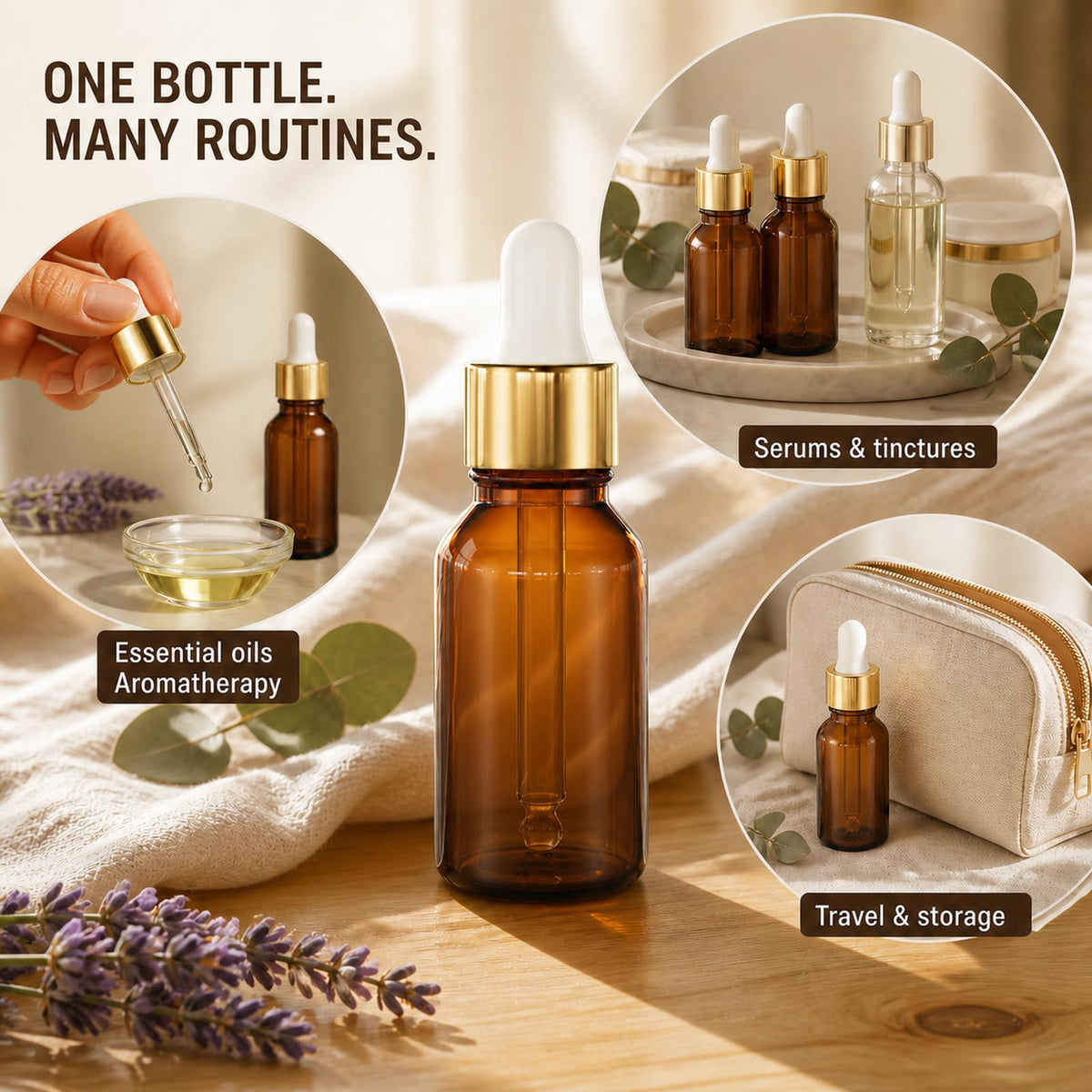 PrettyCare amber dropper bottles arranged neatly