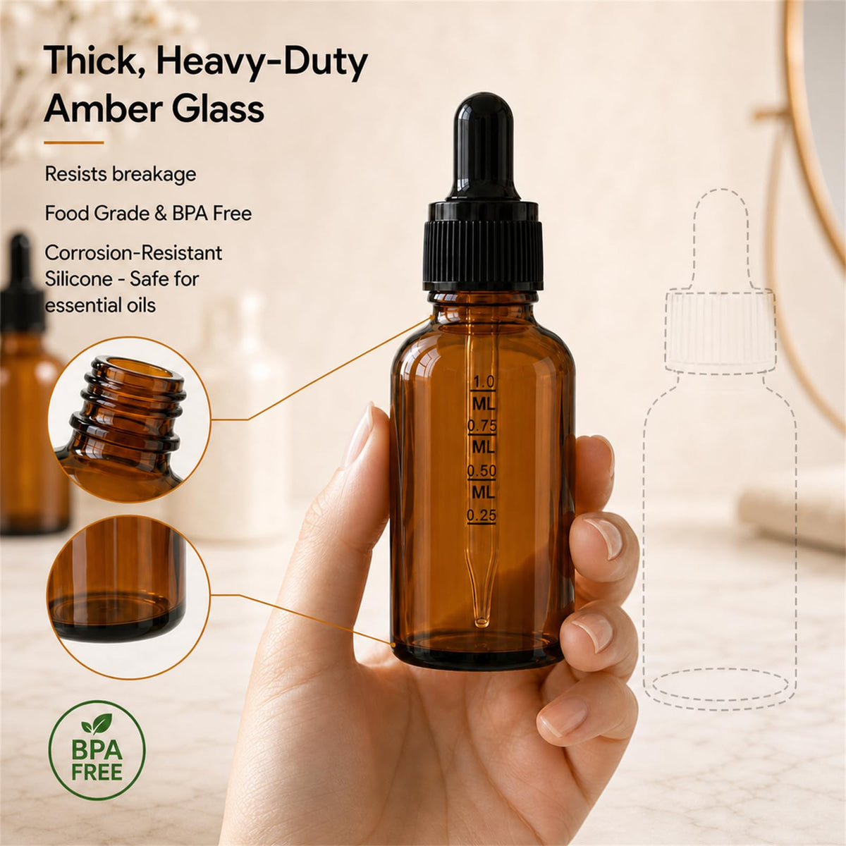 PrettyCare amber dropper bottles in a workshop setting