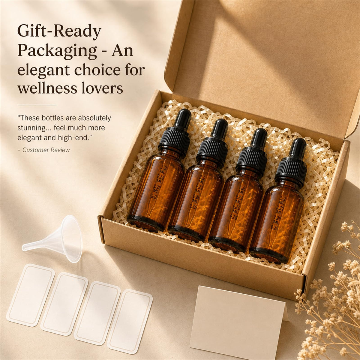 PrettyCare amber dropper bottles with UV protection feature