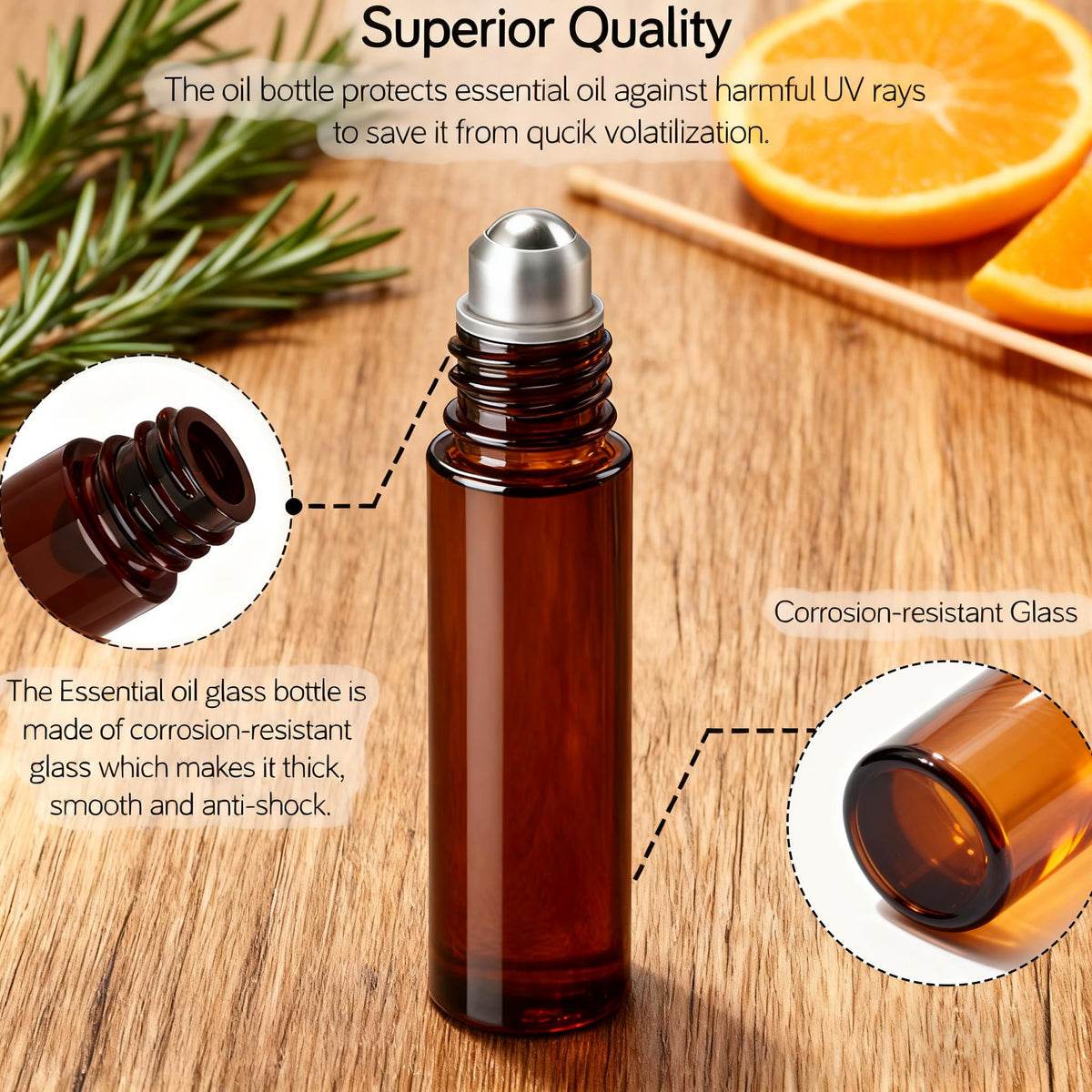 PrettyCare amber glass roller bottles in a travel bag