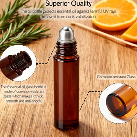 PrettyCare amber glass roller bottles in a travel bag