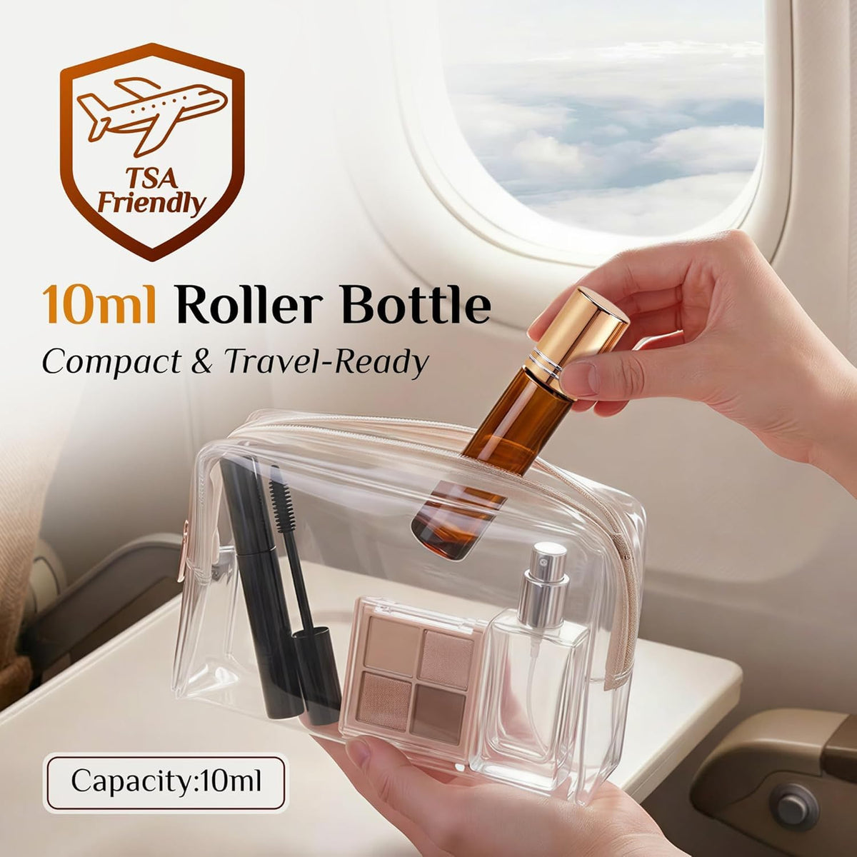 PrettyCare amber glass roller bottles with metal caps and funnels