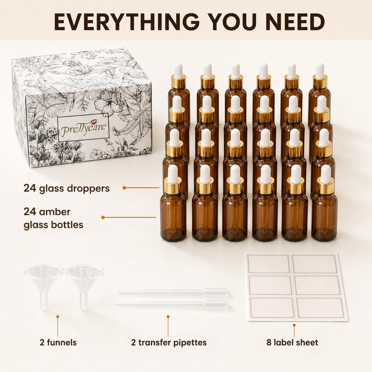 PrettyCare dropper bottles with accessories on a wooden surface