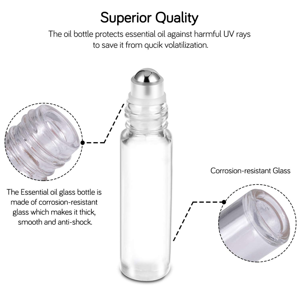 PrettyCare essential oil roller bottle showcasing stainless steel roller ball