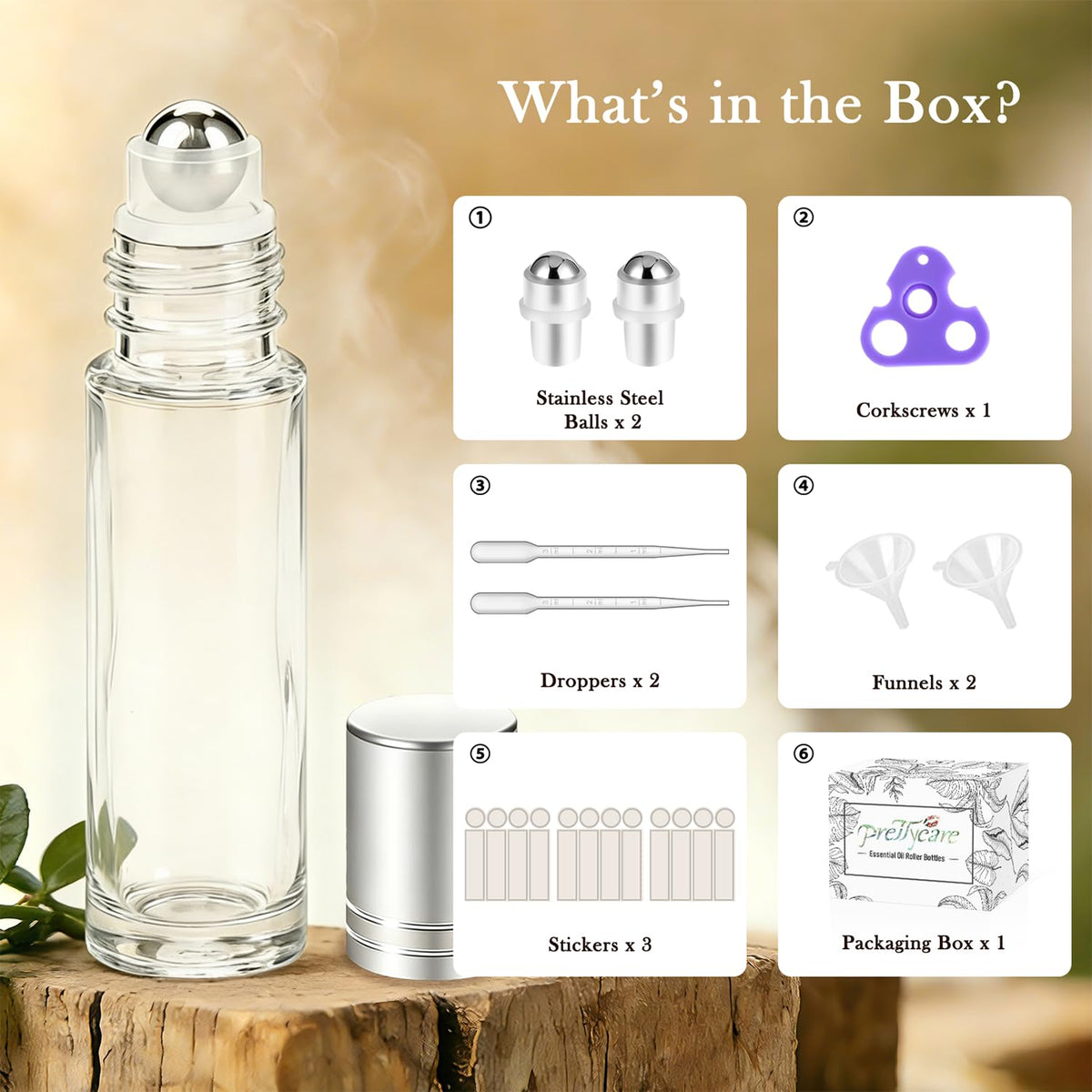 PrettyCare essential oil roller bottle with silver cap and stainless steel roller ball