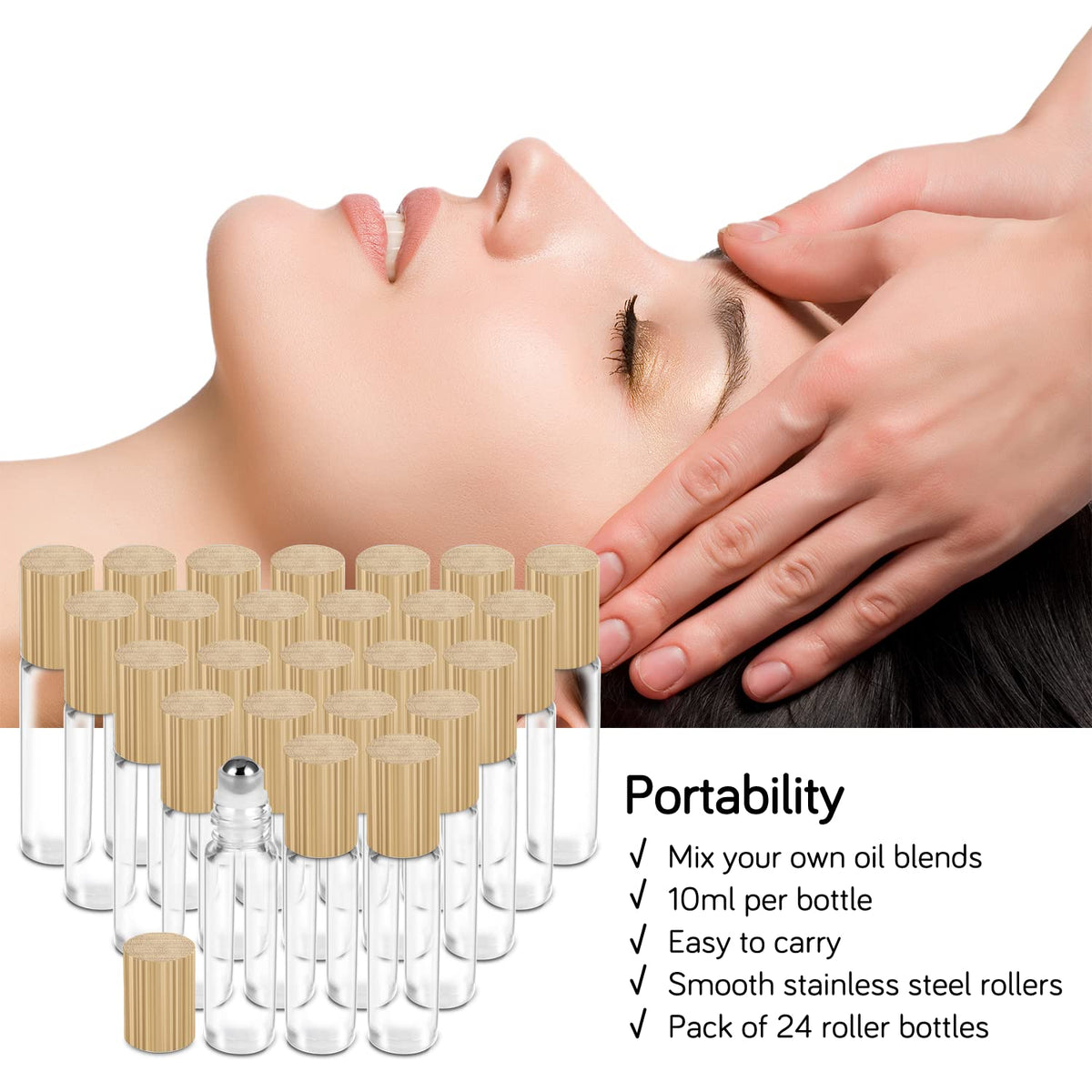 PrettyCare essential oil roller bottles arranged for travel