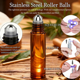 PrettyCare essential oil roller bottles arranged with funnels and droppers