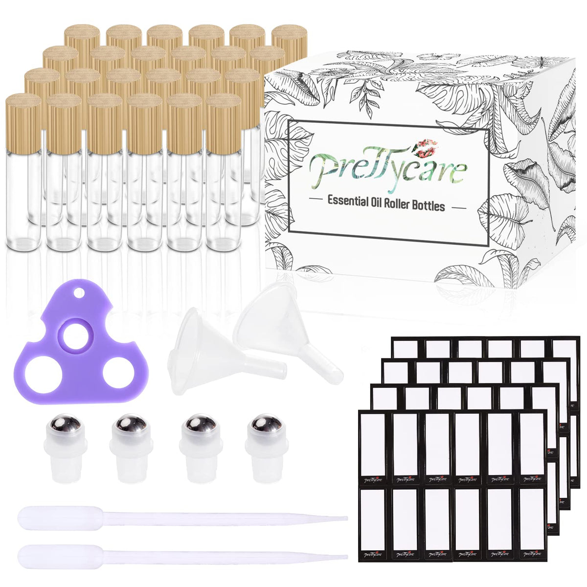 PrettyCare essential oil roller bottles in a beauty routine setting