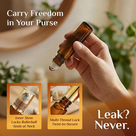 PrettyCare essential oil roller bottles in a travel setting