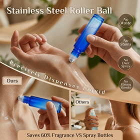 PrettyCare essential oil roller bottles in blue and yellow glass