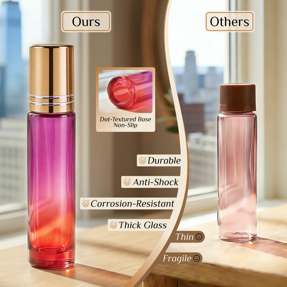 PrettyCare essential oil roller bottles in red and purple