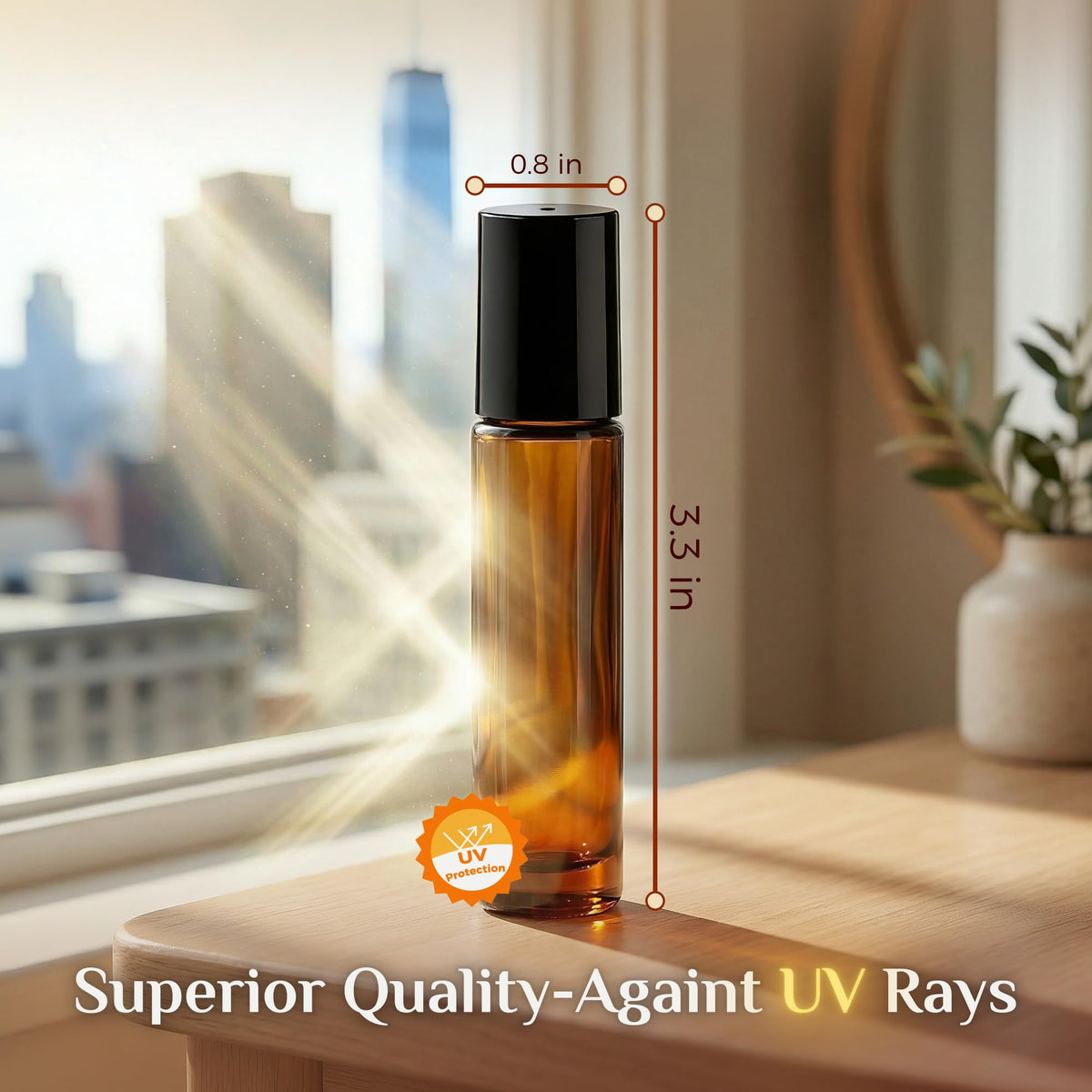 PrettyCare essential oil roller bottles with black caps and funnels