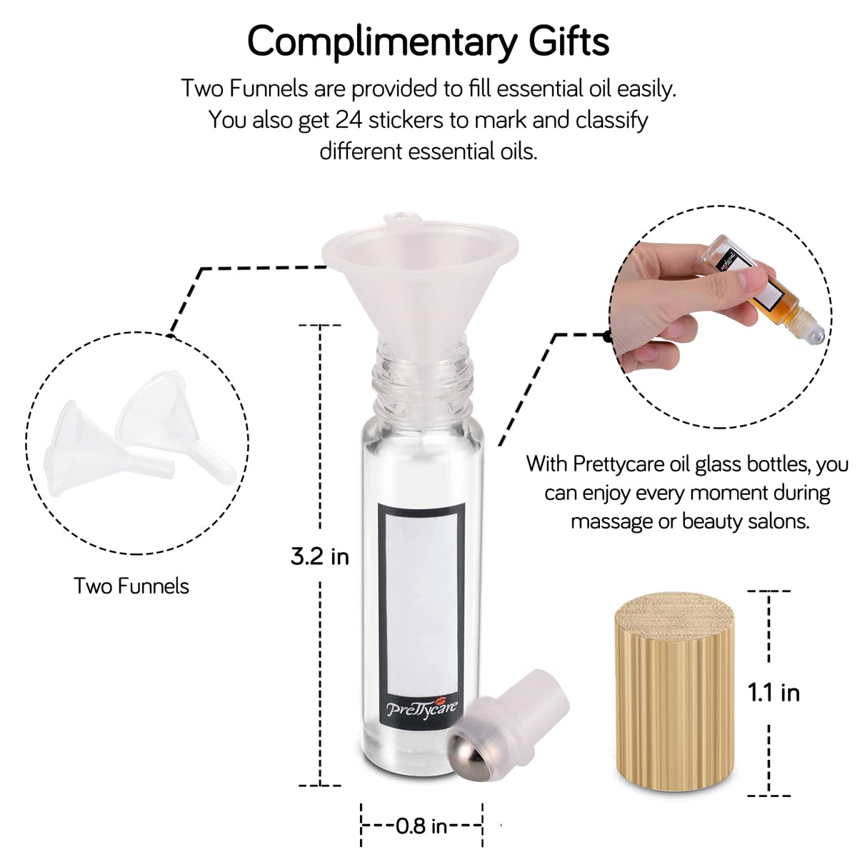 PrettyCare essential oil roller bottles with labels for organization