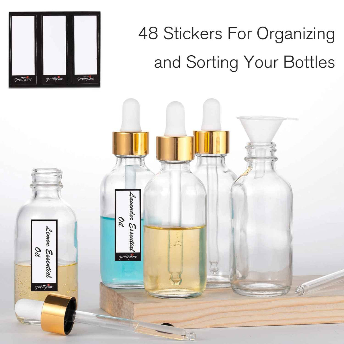 PrettyCare glass dropper bottles arranged for easy access