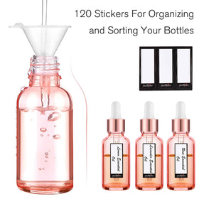 PrettyCare glass dropper bottles organized with labels